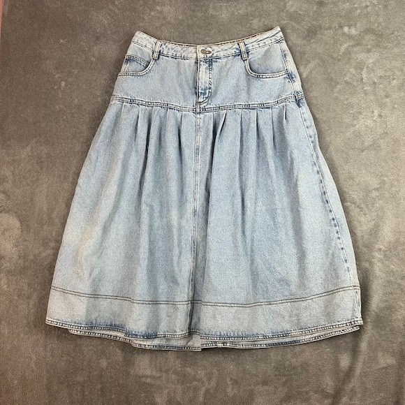 Pilcro Dresses & Skirts - Pilcro Anthropologie Basque Waist Denim Midi Skirt Womens 12 Pleated Boho